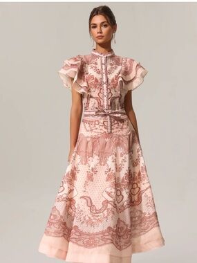 Bella Barnett Blush Pink Printed Midi Set with Ruffled Sleeves sz L